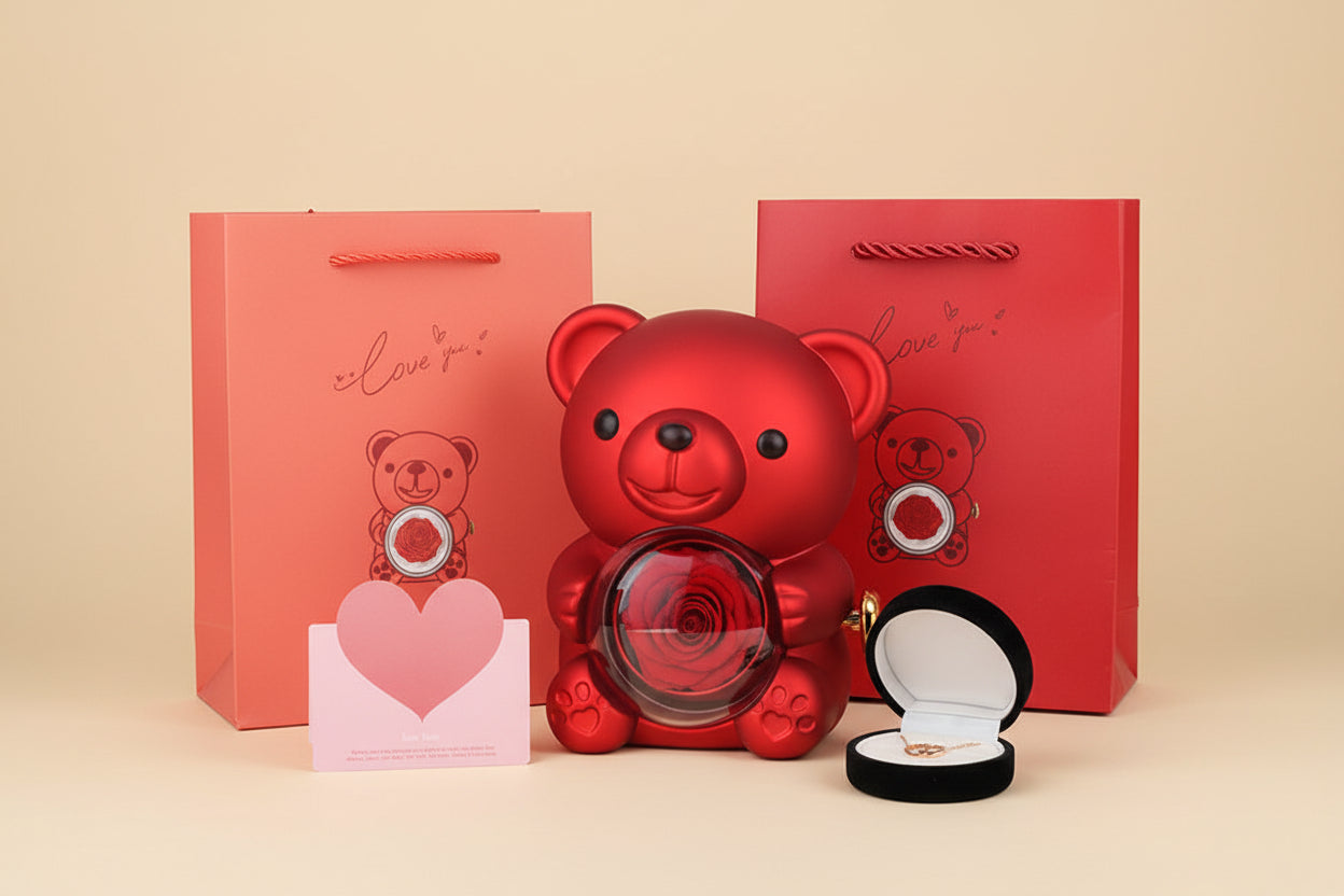 Set de regalo giratorio de oso de rosas con collar y tarjeta