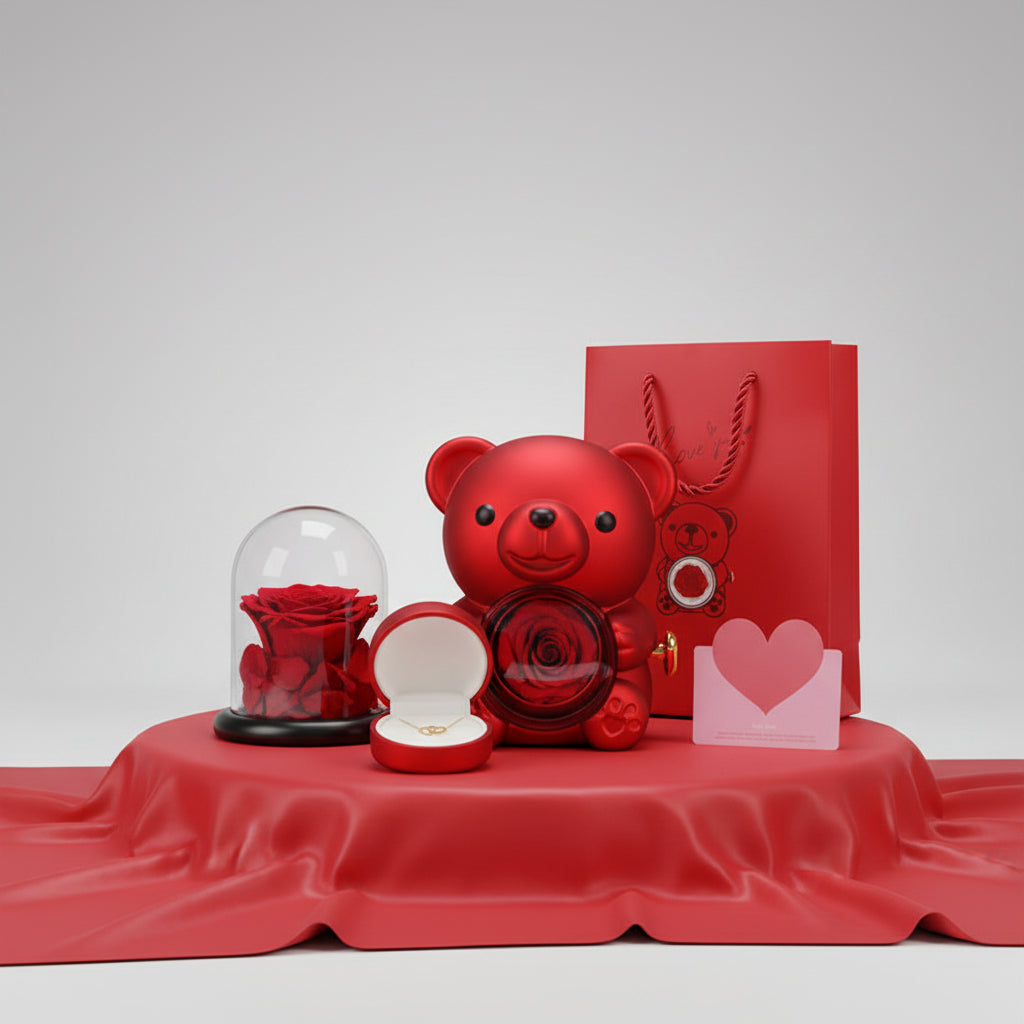 Set de regalo giratorio de oso de rosas con collar y tarjeta