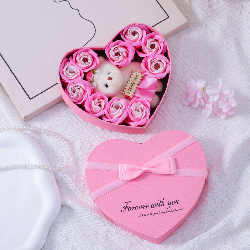 Caja de regalo de corazón con rosas de flores de jabón