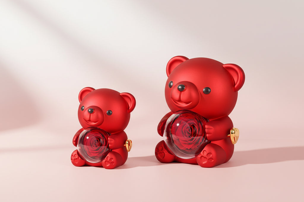 Set de regalo giratorio de oso de rosas con collar y tarjeta