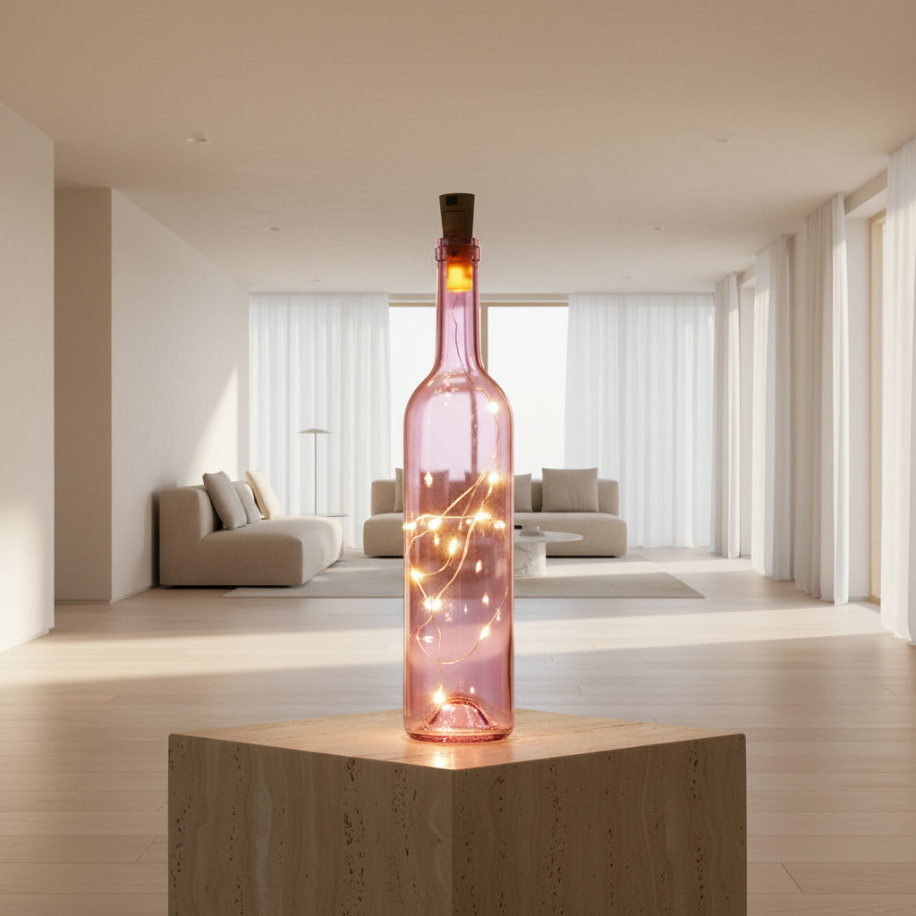 Botella de vidrio decorativa luminosa con luces LED.