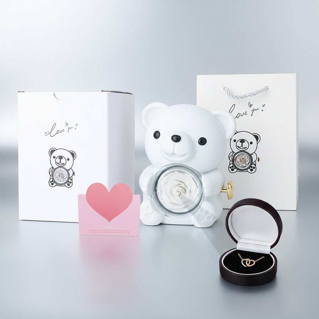 Set de regalo giratorio de oso de rosas con collar y tarjeta