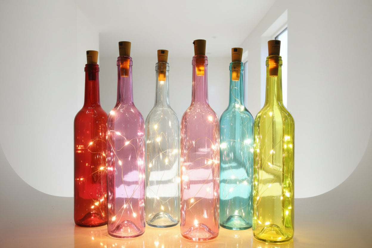 Botella de vidrio decorativa luminosa con luces LED.