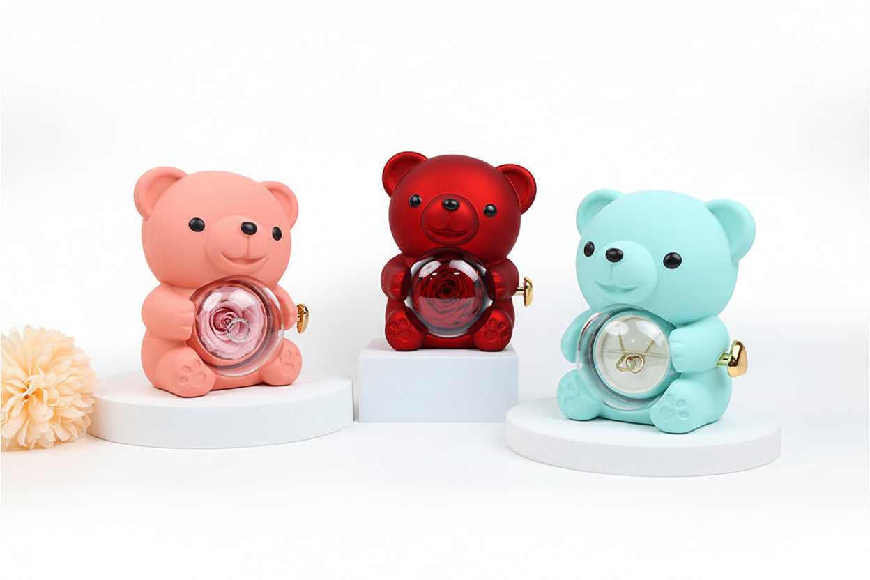 Set de regalo giratorio de oso de rosas con collar y tarjeta