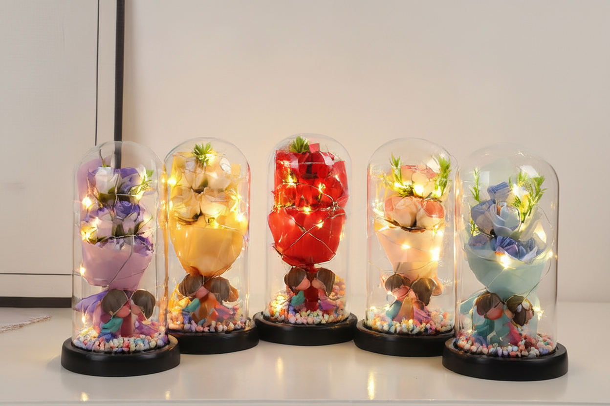 Flor de jabón en ramo con luz nocturna