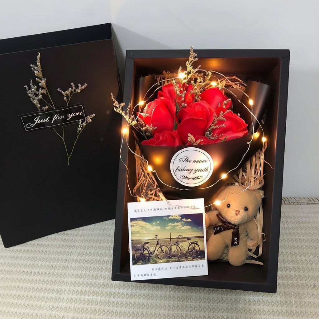 Ramo romántico de flores de jabón con luz LED y caja de regalo