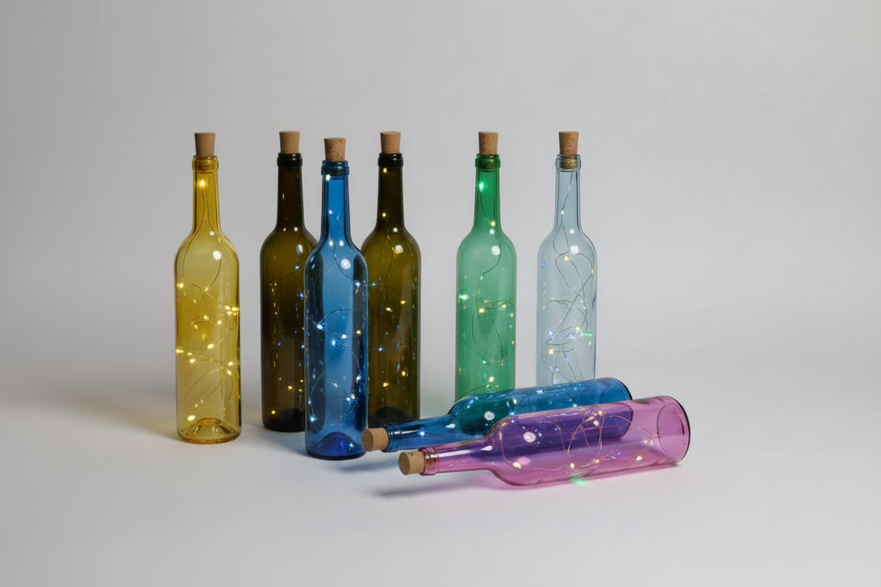 Botella de vidrio decorativa luminosa con luces LED.