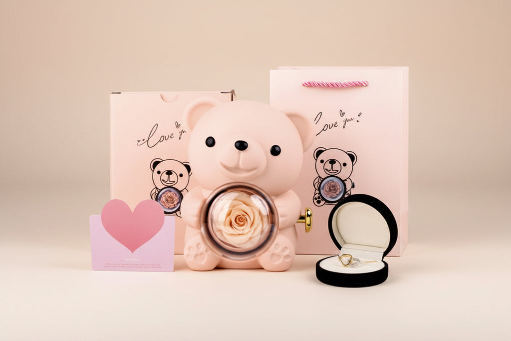 Set de regalo giratorio de oso de rosas con collar y tarjeta