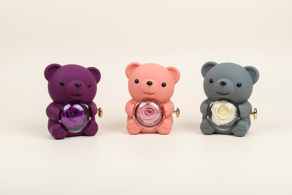 Set de regalo giratorio de oso de rosas con collar y tarjeta