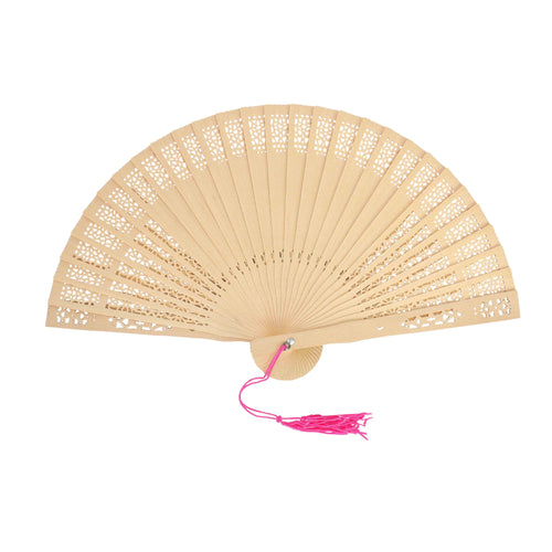 Abanico de madera con pompón fucsia