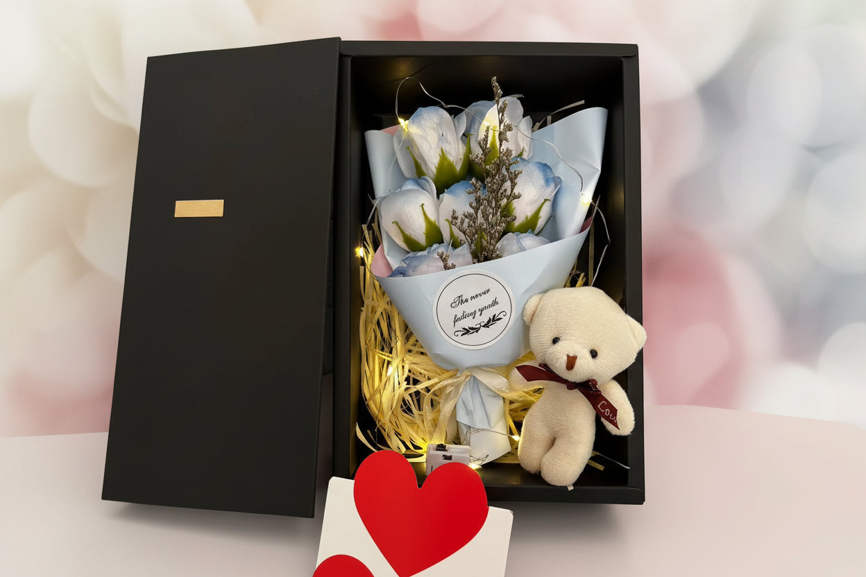 Ramo romántico de flores de jabón con luz LED y caja de regalo