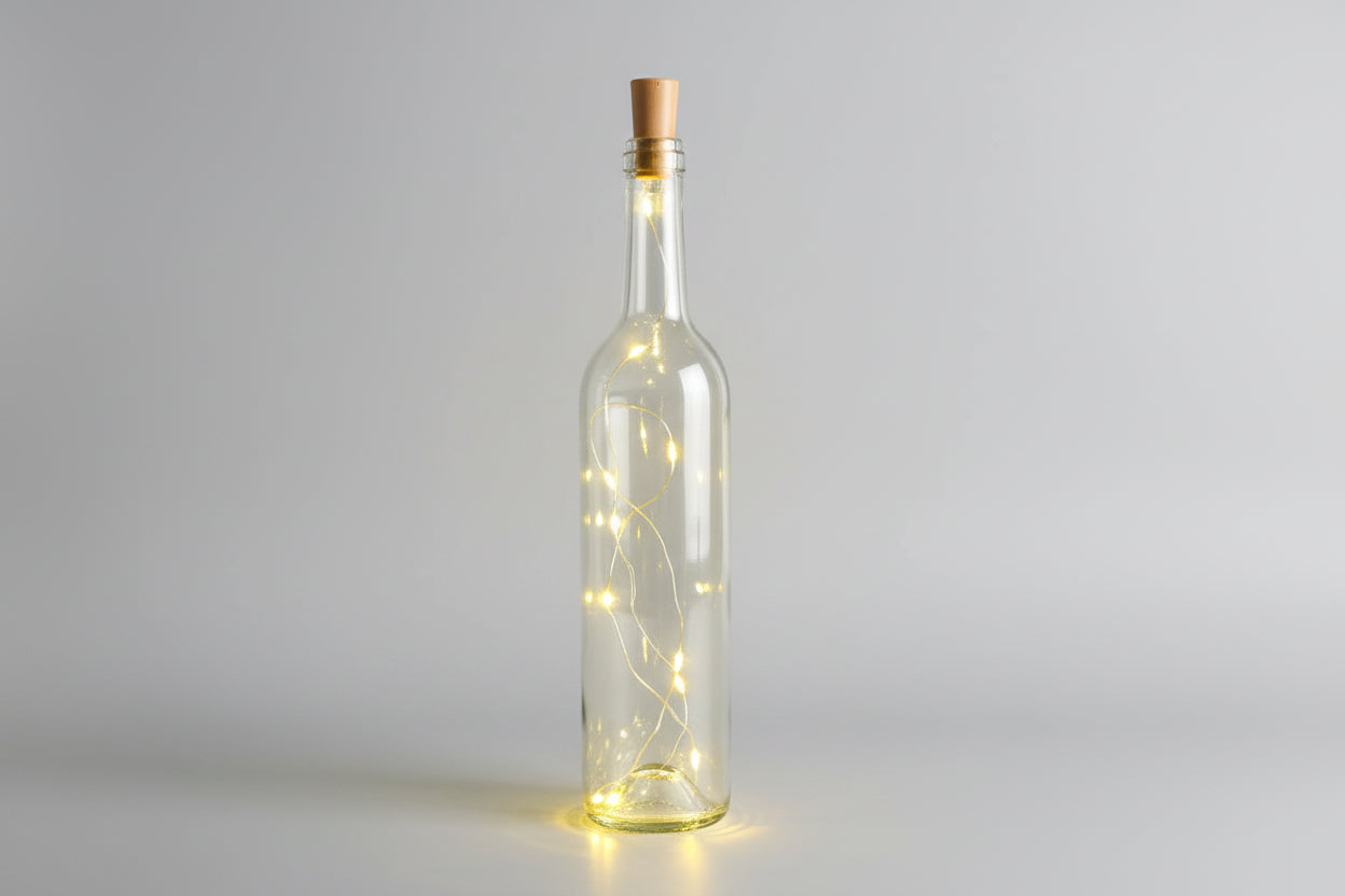 Botella de vidrio decorativa luminosa con luces LED.