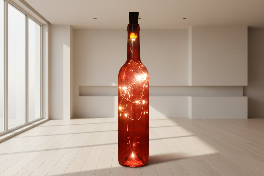 Botella de vidrio decorativa luminosa con luces LED.