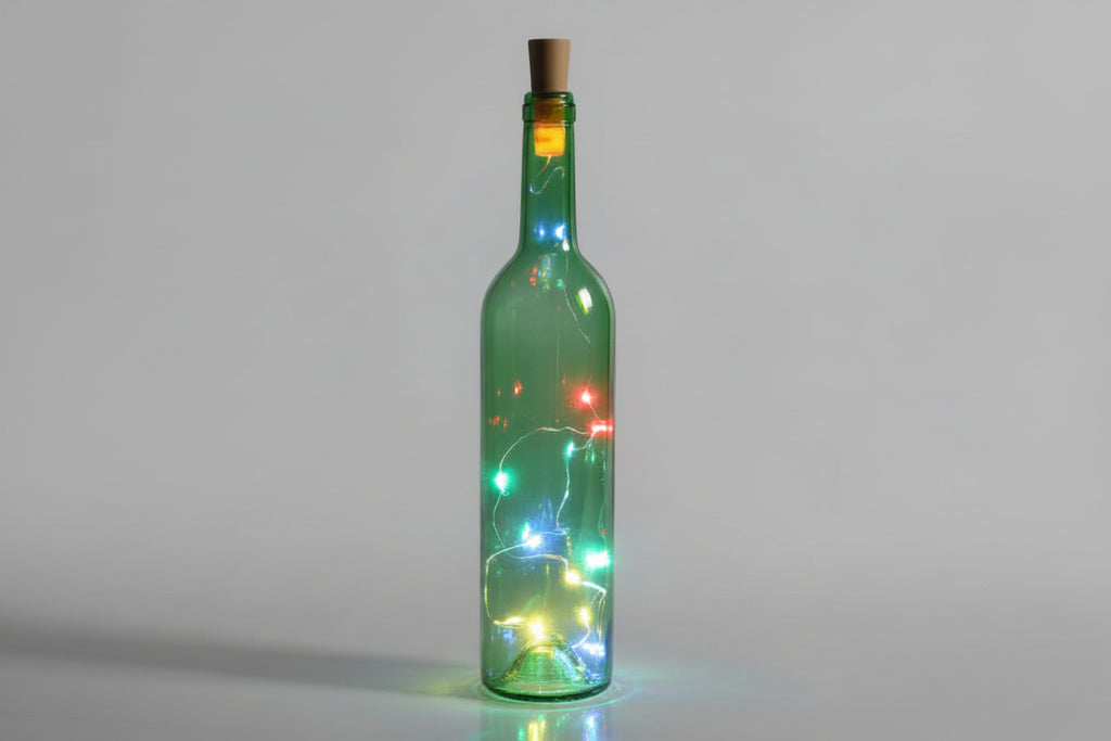 Botella de vidrio decorativa luminosa con luces LED.