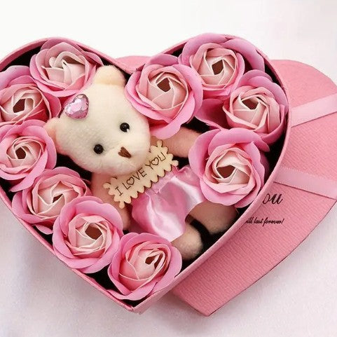 Caja de regalo de corazón con rosas de flores de jabón